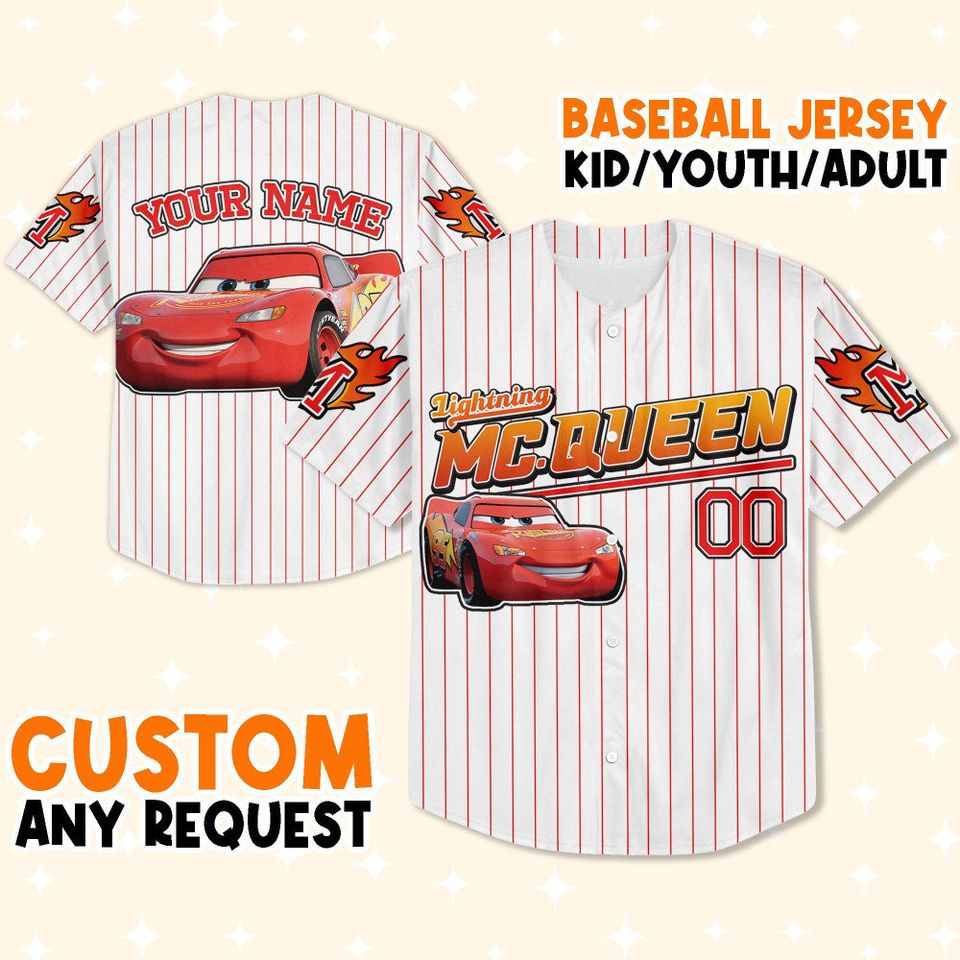 Custom Cars Mcqueen Custom Text Baseball Jersey, Lightning Mcqueen Jersey