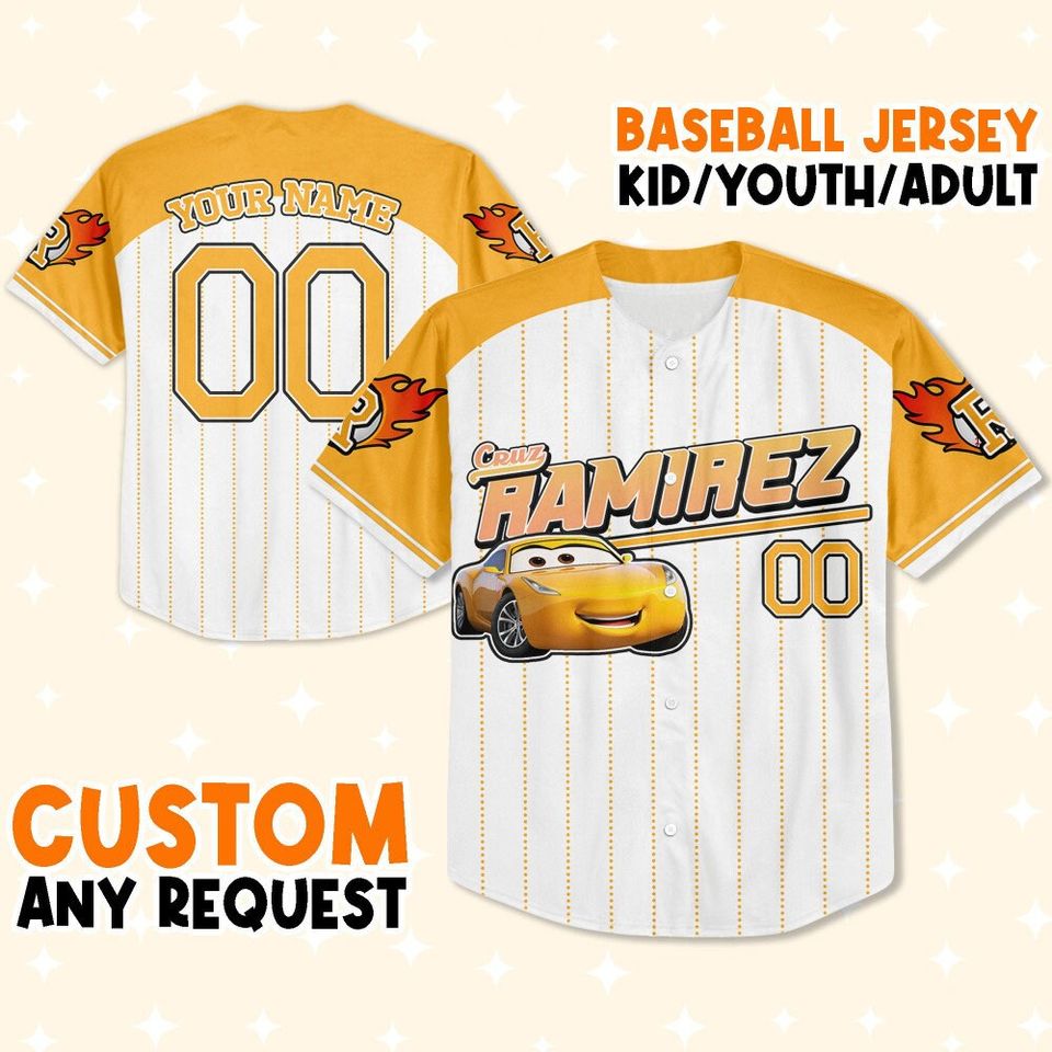 Custom Cars Ramirez Yellow, Custom Text Baseball Jersey, Lightning Mcqueen Jersey