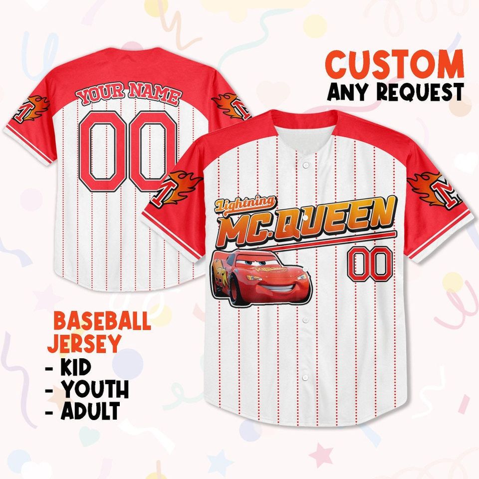 Custom Mcqueen Red Excite, Disney Cars Lightning Mcqueen Baseball Jersey Shirt