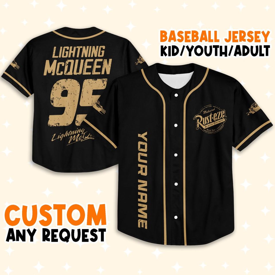 Personalize Cars Lightning Mcqueen Retro Rust-eze Symbol Black Background Baseball Jersey