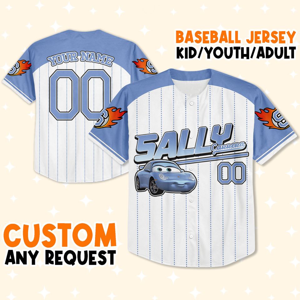 Personalize Cars Sally Blue Cup Champion Custom Kids, Youth, Adult Disney Baseball Jersey