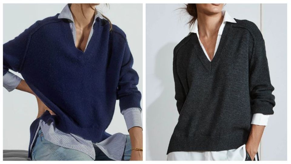 Layerign a button up shirt under a v-neck sweater