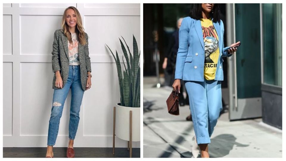 Blazer over a graphic tee for work