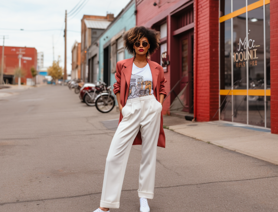Woman wearing a graphic t-shirt for office