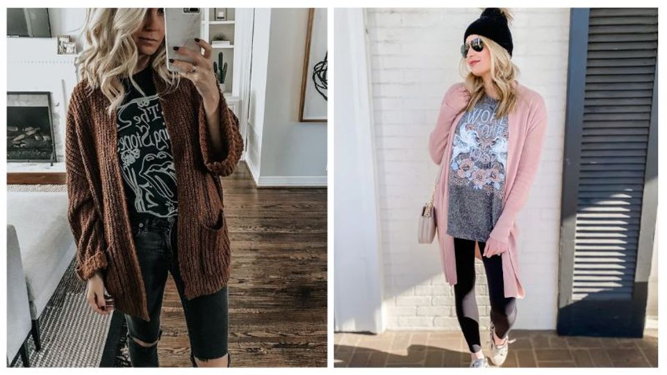 Women layering graphic tees under cardigans
