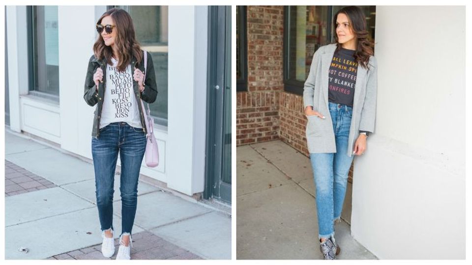 Wearing a graphic tee with jeans in winter