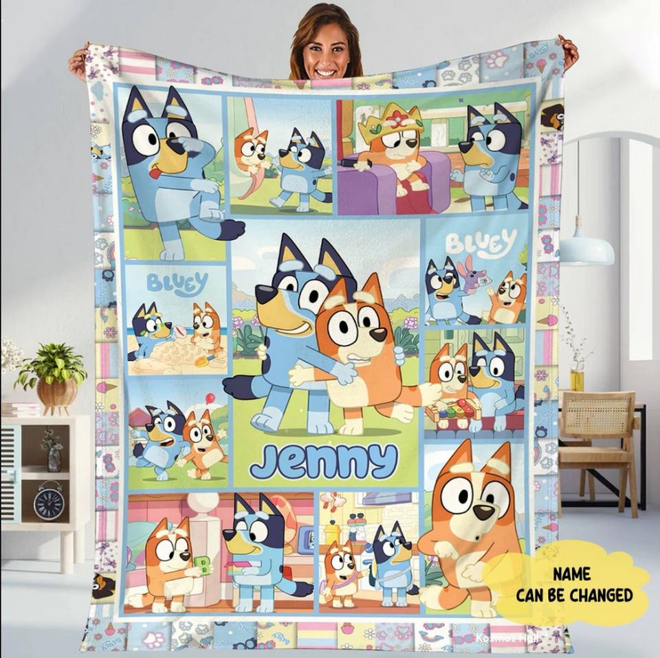 Personalized BlueyDad Soft Blanket, Cartoon Soft Cozy Fleece Blanket, BlueyDad Blanket, BlueyDad Family Blanket for Kid, BlueyDad Lover Gift