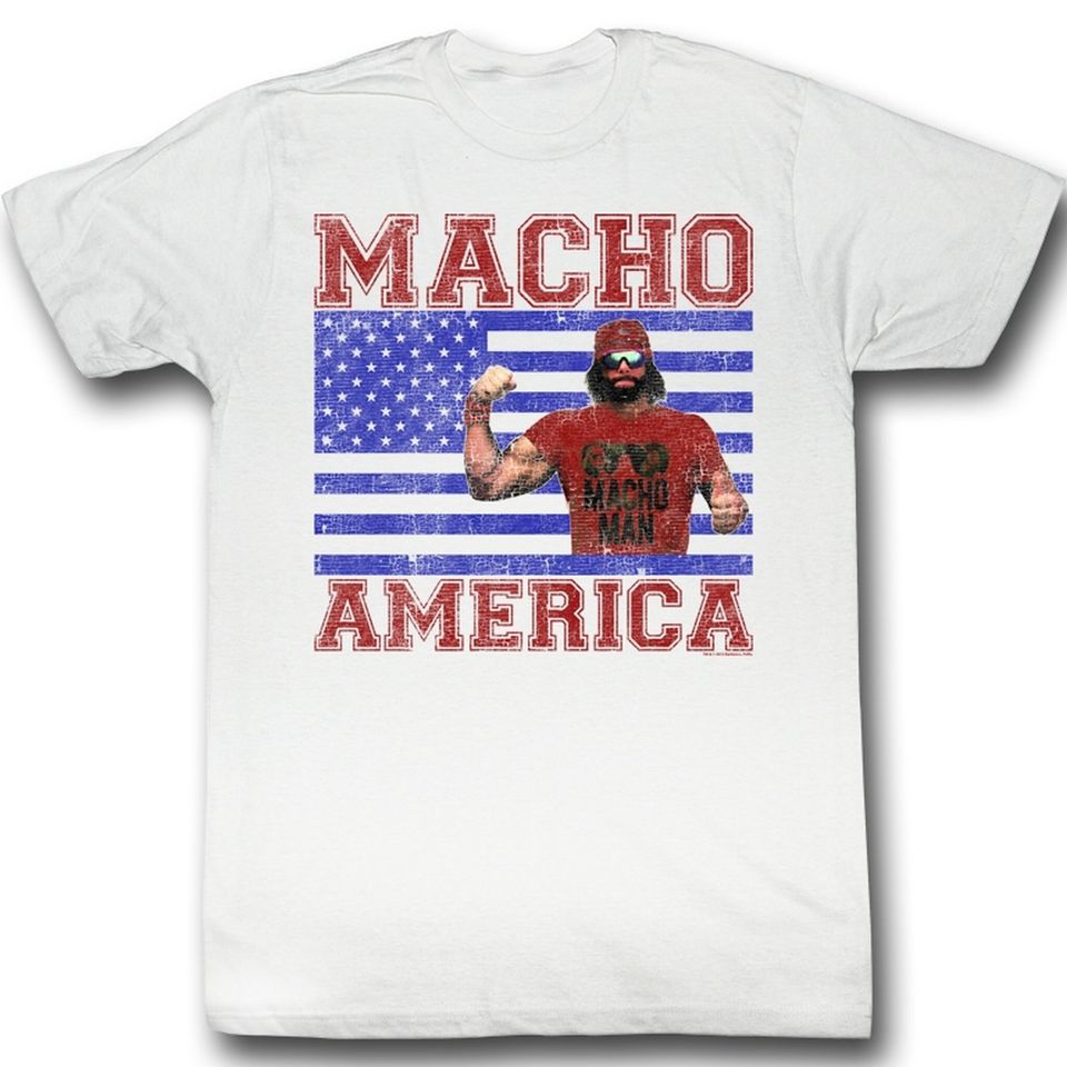 Macho Man Macho America White Adult T-Shirt Unisex short sleeves graphic T-shirt, Multiple colors full sizes S-5XL t-shirt, Trending shirt