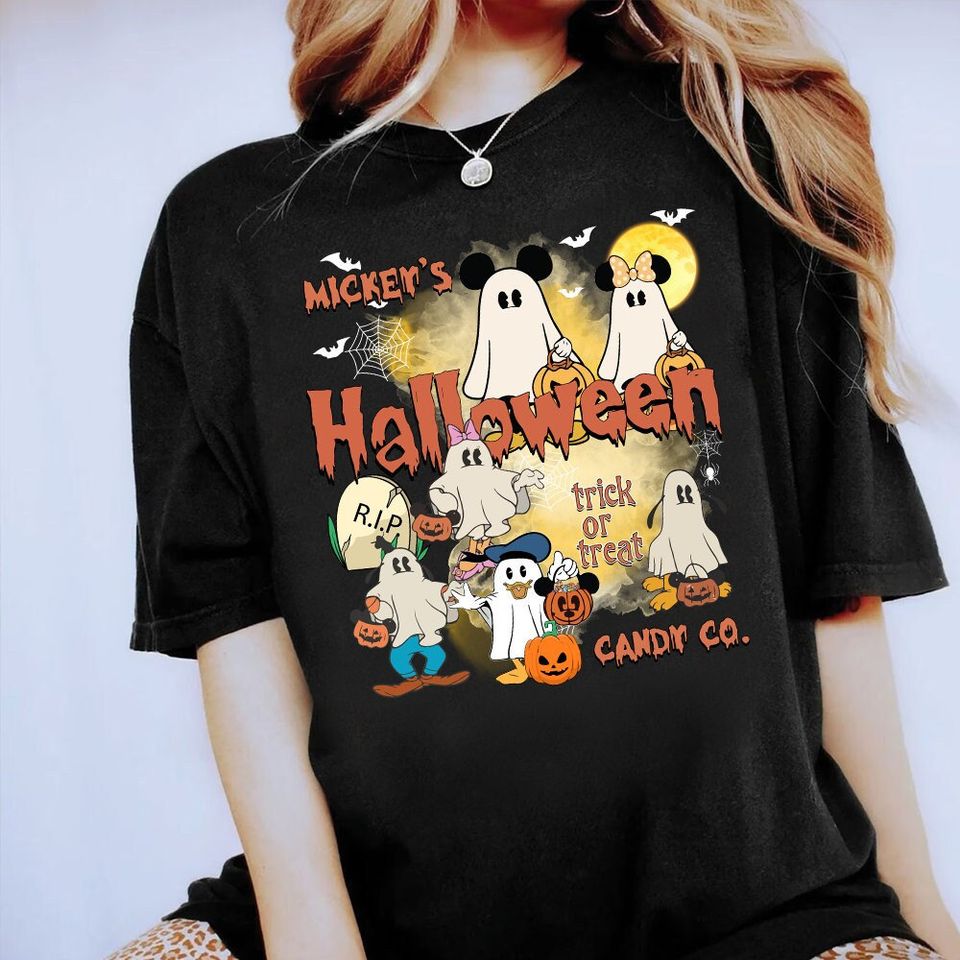 Vintage Mickey And Friends Ghost Hallowen Casual Short Sleeve Tee, Disneyland Vacation Gift