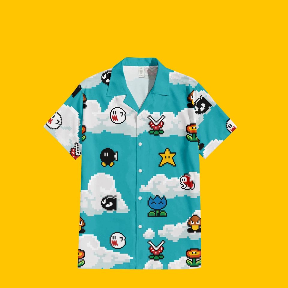Super Mario Pixel Art Characters Beach Button-Up, Retro Video Game Icons Hawaiian Shirt, 8-Bit Adventures Hawaiian Shirt, Mario Button Up