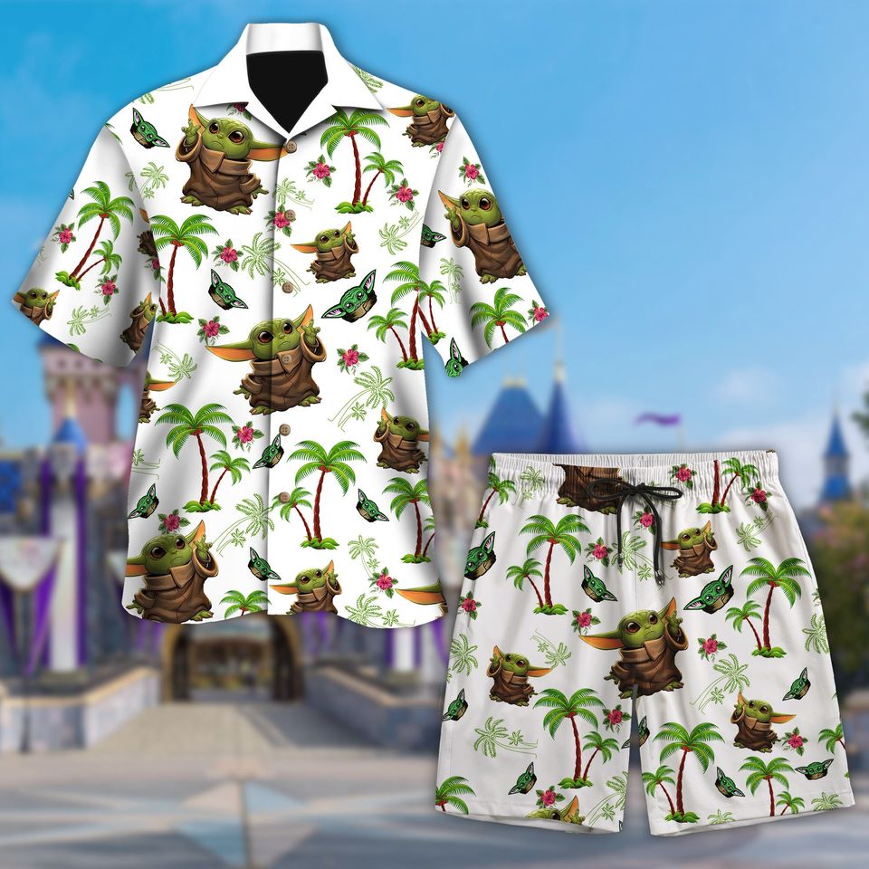 Baby Yoda Hawaiian 3D Shirt And Short, Din Grogu and The Coconut Tree Unisex Shirt, Star Wars Character Hawaiian, Animated Movie Characters 3D Shirt