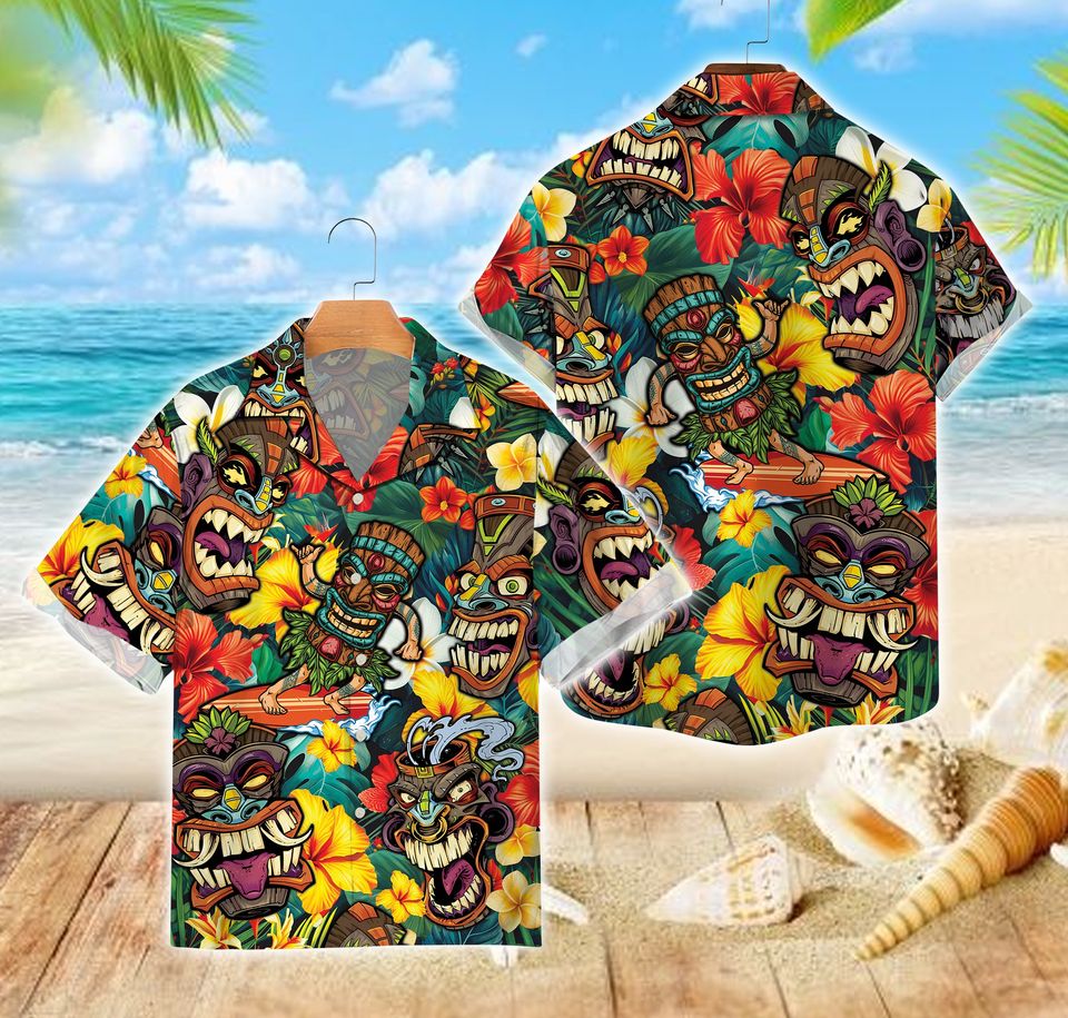 Luau Hawaiian Shirt, Tropical Summer Button Down Shirt, Aloha Summer Shirt, Tiki Hawaiian Tropical Forest, Beach Party Shirt