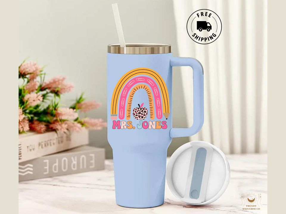 Personalized 40oz Teacher Tumbler With Handle, Custom Teacher Appreciation Gift, 40oz Teacher Cup With Straw, Back to School, Teacher Gifts