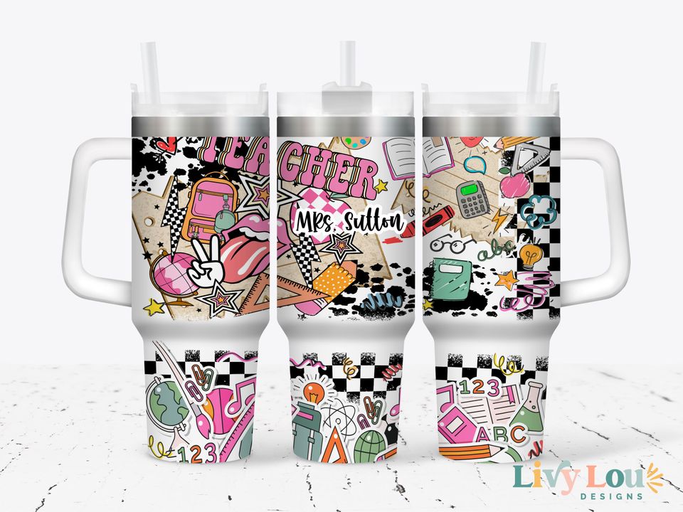 Custom 40oz Teacher Tumbler With Handle, Personalized Teacher Appreciation Gift, 40oz Teacher Cup With Straw, Back to School Teacher Gifts