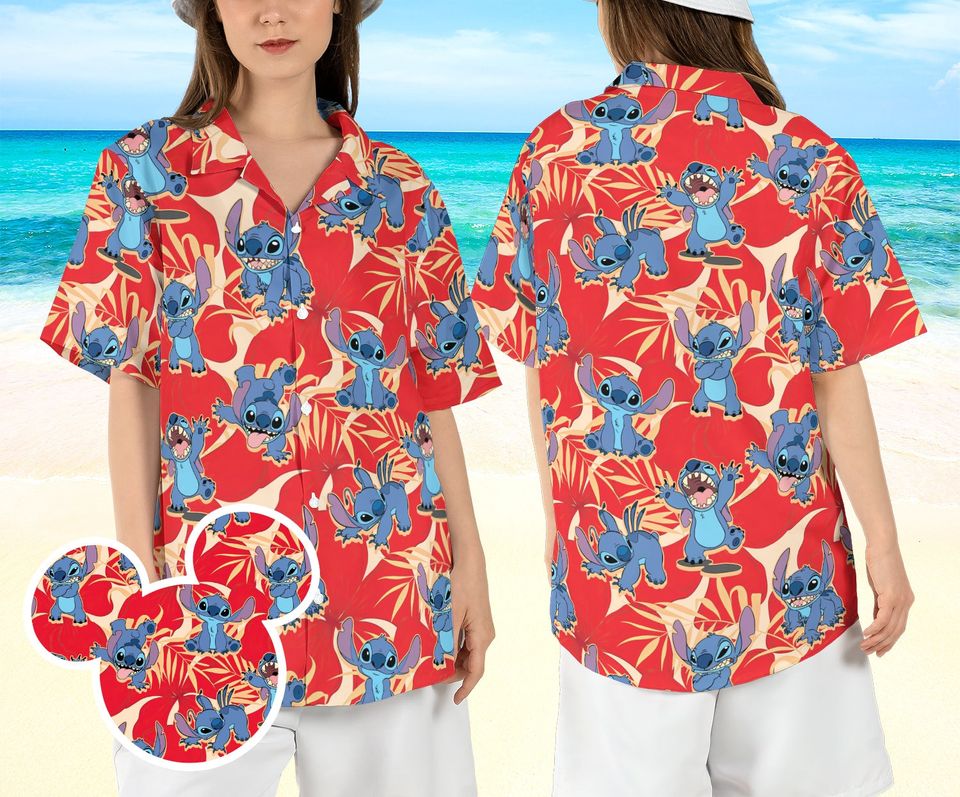 Stitch Tropical Leaves Hawaiian Shirt, Lilo & Stitch Beach Hawaii Shirt, Stitch Summer Trip Aloha Shirt, Disneyland Blue Alien Button Shirt