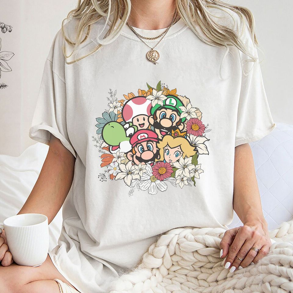 Floral Mario CharactersComfortable Short Sleeve Sports Tee for Men, Women, Kids - Trending Street Fashion