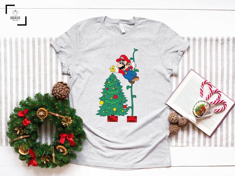Super Mario Merry Christmas Cotton Tee, Graphic Tshirt for men, women, Unisex, Trending Casual Fashion
