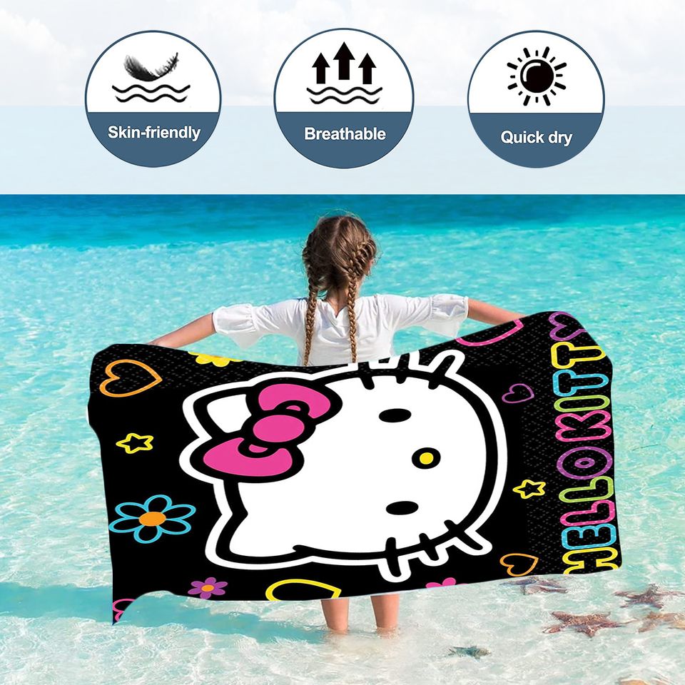 Hello Kitty Cartoon Beach Towel for Kids, Large Microfiber, Travel, Picnic, Pool, Women, Shower, Bathroom, Sanrio, Cute