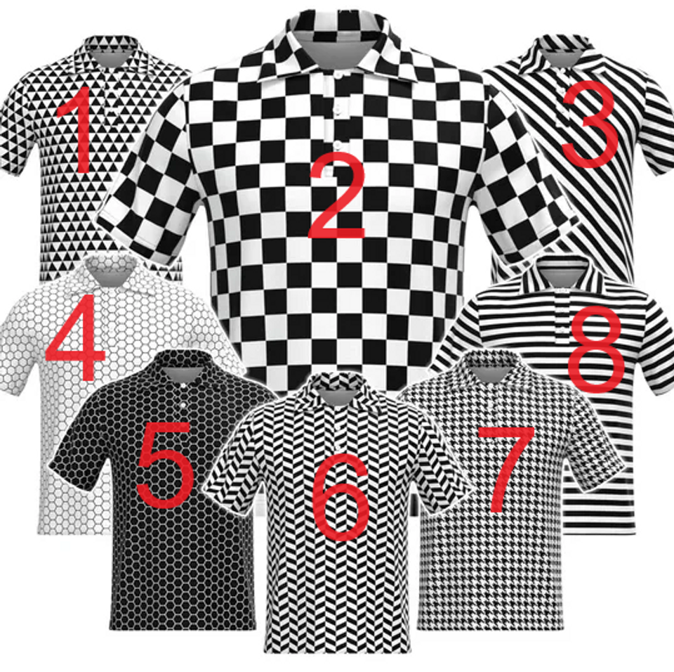 Black White Geometric Pattern Check Checker Box Houndstooth Triangle Hexagon Horizontal Diagonal Stripes Herringbone Collar Polo Tee