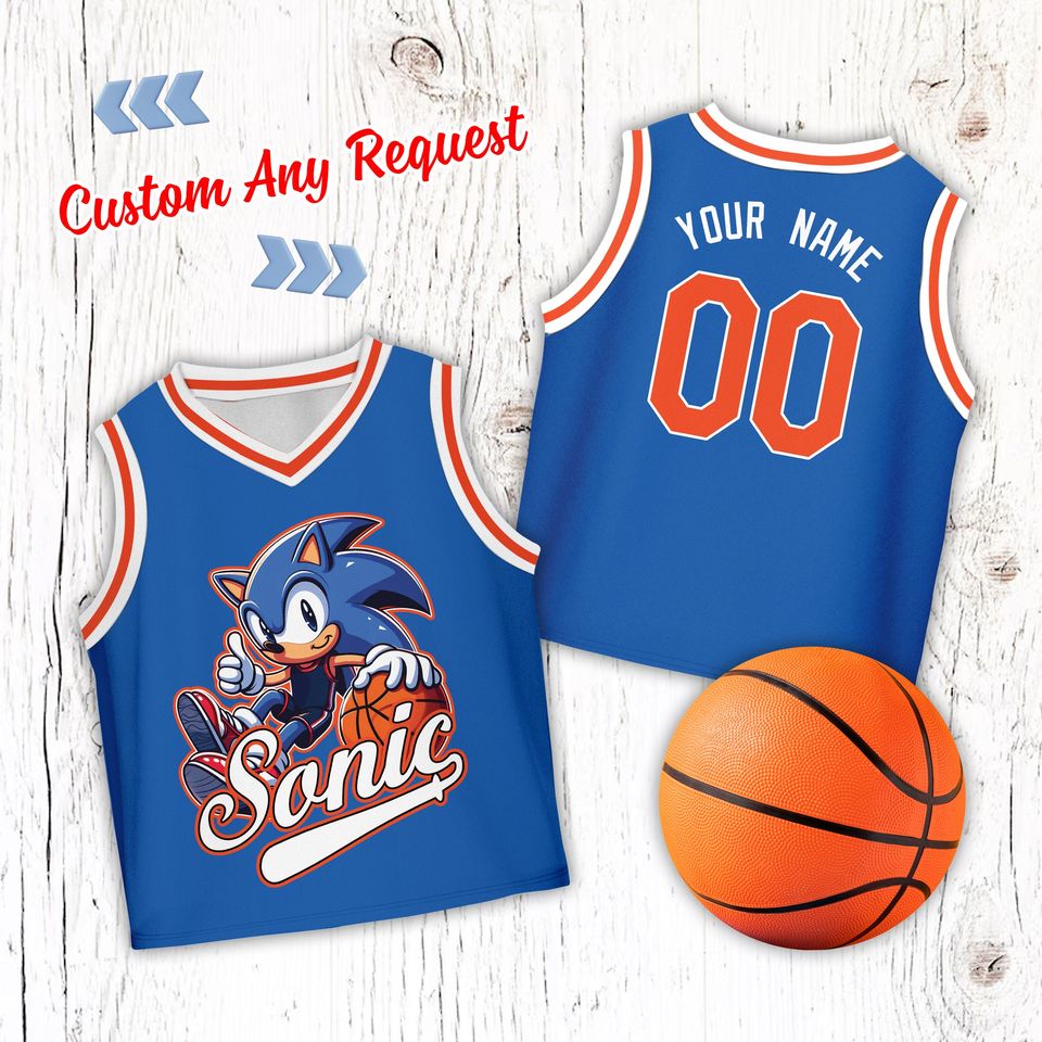 Custom Sonic the Hedgehog Basketball Jersey, Personalized Sonic Shirt, Cartoon Sonic Matching Party Outfit, For Sonic Lover Birthday Boy Kid