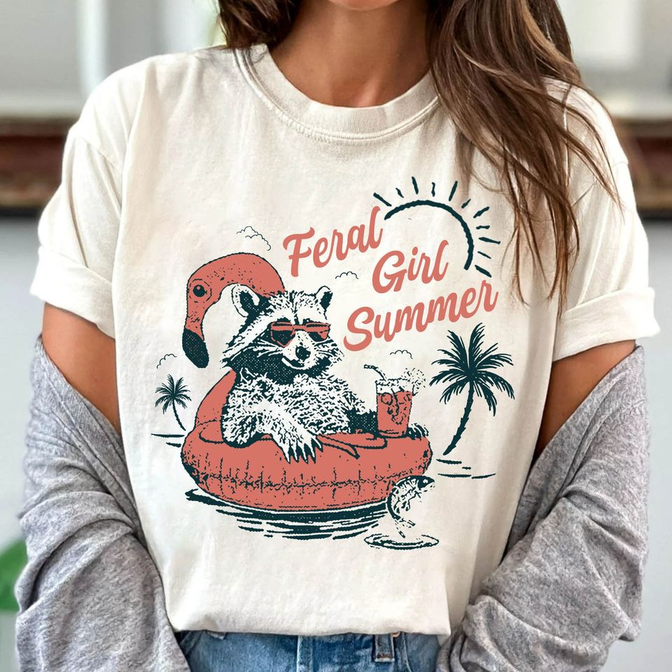 Vintage Feral Girl Summer Opossum cotton tee, Graphic Tshirt for men, women, Unisex, Trending Gifts