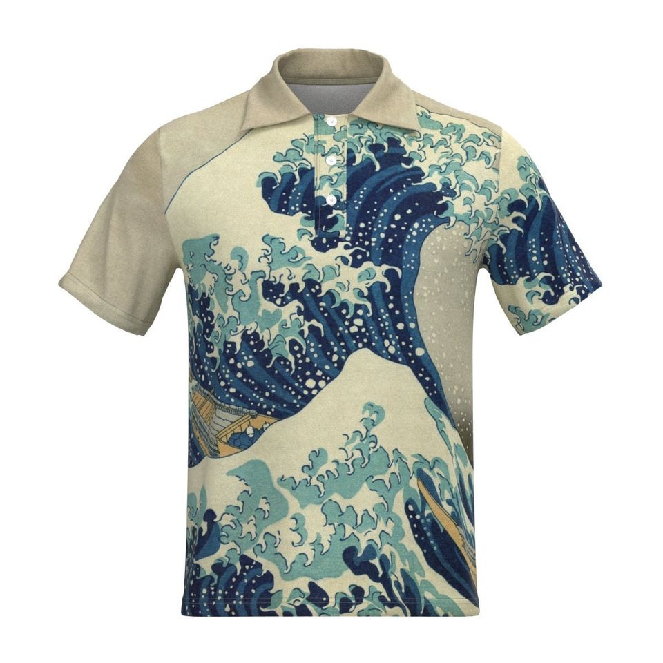 Hokusai Great Wave Off Kanagawa Japanese Painting Fine Art Japan, Short Sleeve Collar Collared Polo Tee