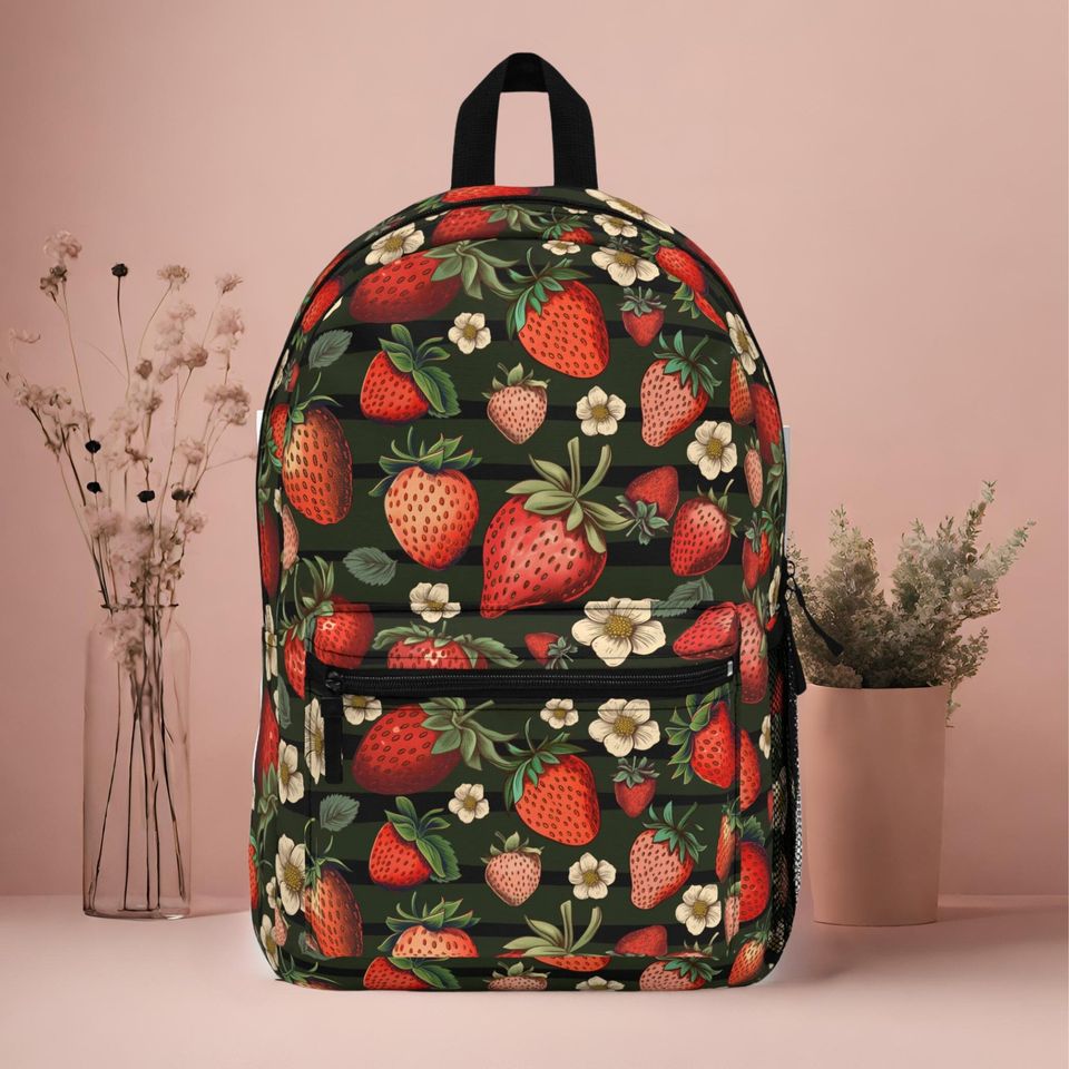 strawberries backpack, cottagecore fruit backpack, fan of strawberries backpack, travel backpack, college backpack, back to school backpack