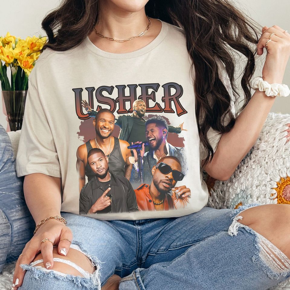 Usher T-shirt Music Concert Retro Tshirt Usher Merch Singer Usher Usher fan gift, Minimalistic Unisex short sleeves heavy cotton shirt, Multiple colors full size S-5XL