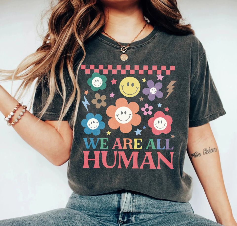 Colorful LGBT Pride "We Are All Human" T-Shirt, Smiling Flowers Graphics, Happy Flower Designs, Unisex Graphic Tee, Unisex Equality Tee