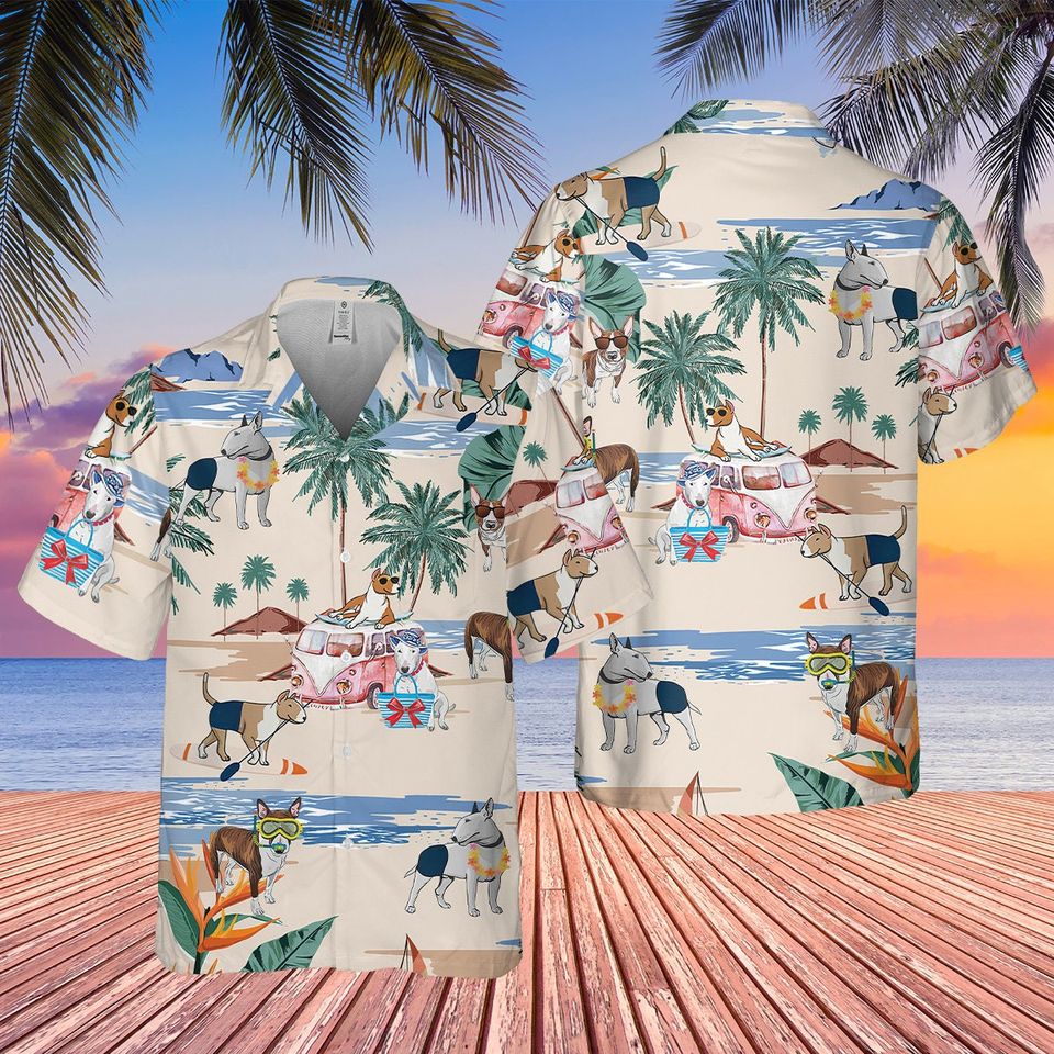 Bull Terrier Summer Beach Hawaiian Shirt, Dog Hawaiian Shirt, Beach Holiday Hawaii Shirt, Summer Vacation Aloha Shirt, Tropical Family Hawai