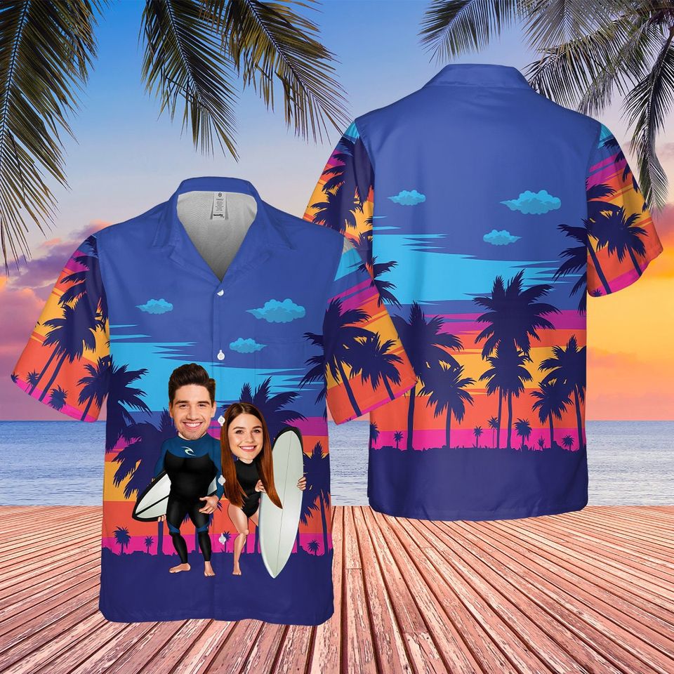 Personalized Photo Hawaiian Shirt, Couple Hawaiian Shirt, Custom Photo Shirt, Tropical Pattern Shirt, Hawaii Travel Shirt, Honeymoon Shirts
