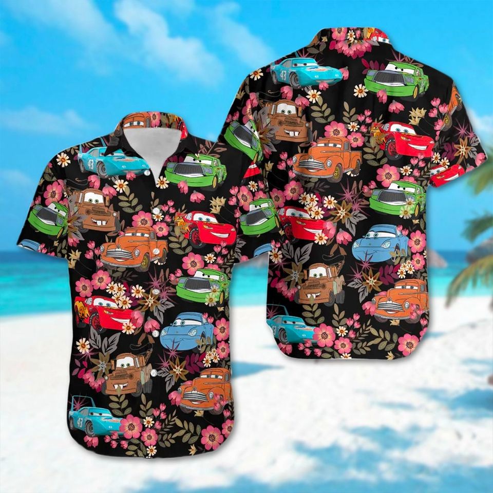 Cars Lightning Mcqueen Hawaiian Shirt, Cars And Friends Tropical Hawaii Shirt, Cartoon Character All Over Print Button Up, Summer Vibe Tee