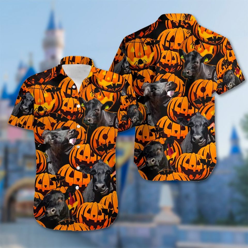 Black Angus Cattle Lovers Hawaiian Shirt, Halloween Pumpkin Hawaii Shirt, Summer All Over Print Button Up, Halloween Cartoon Character Shirt