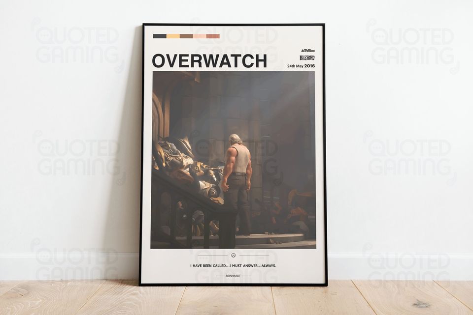 Overwatch (2016) - Video Game Poster, Minimalist, Reinhardt, Honor and Glory, Home Decor, Wall Art, Videogame Quotes, Activision Blizzard