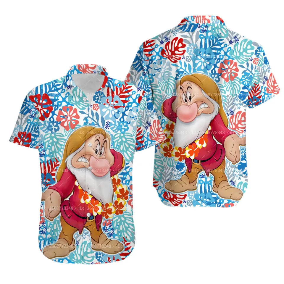 2024 Summer Disney Grumpy Dwarf Snow White Hawaiian Shirts, Disney Fashion Beach Short Sleeve Shirt, Retro Casual Button Shirt