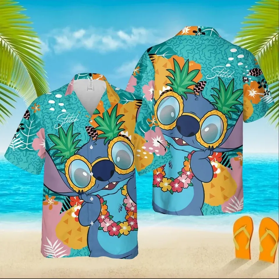2024 New summer Lilo And Stitch Men's Shirt, Disney Stitch Hawaiian Shirt, Fashion Disney Hawaiian Short Sleeve Shirt