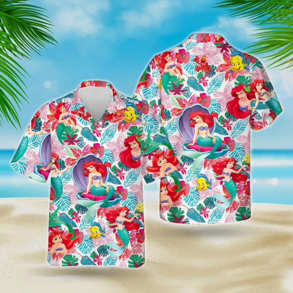 The Little Mermaid Hawaiian Shirt, Ariel Princess Hawaiian Shirt Disney Hawaiian Shirt, Retro Button Short Sleeve Shirt Beachshirt