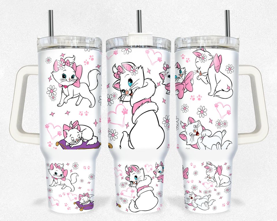 Spring Cat Flower 40 oz Tumbler, Cute Cat Tumbler 40oz, Stainless Steel Double Wall Tumbler with New Style Handle, Back To School Gift