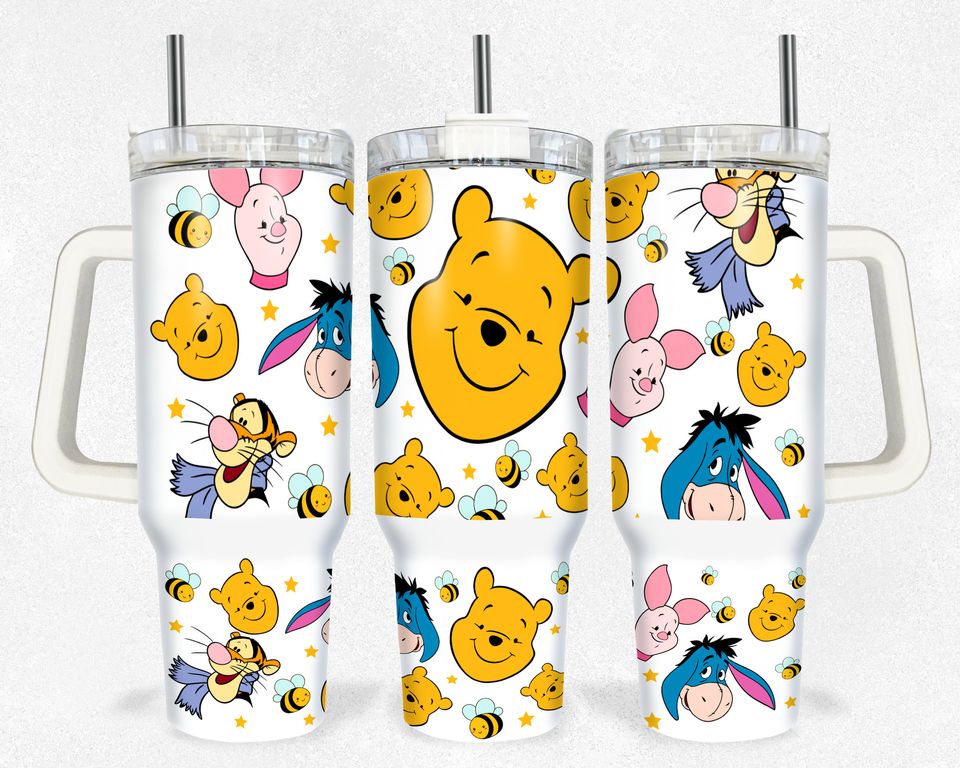 Flower Spring Bear 40oz Tumbler, Cartoon Characters 40 oz Tumbler, Spring Cartoon 40oz Tumbler, Stainless Steel Double Wall Tumbler with New Style Handle, Back To School Gift