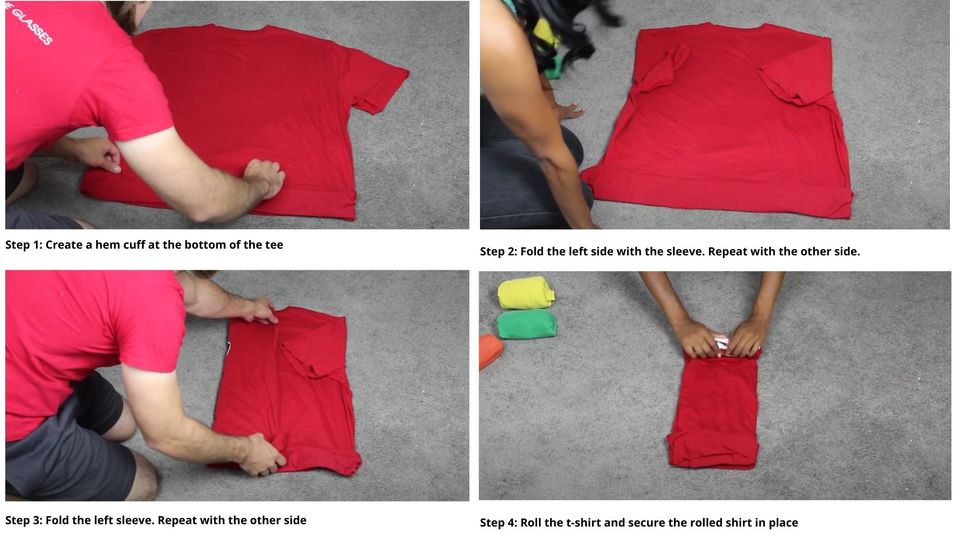 Folding t-shirts for travel with ranger rolling method
