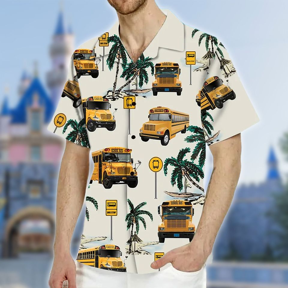 School Bus Back To School Hawaiian Shirt, Yellow Bus Hawaii Shirt, Palm Tree Summer All Over Print Button Up, Summer Vibe Group Shirt