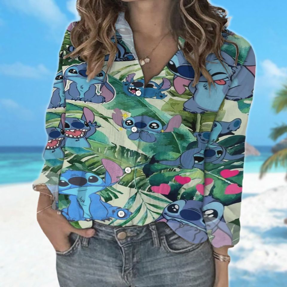 Stitch Tropical Women Blouses Shirt, Stitch Women Casual Shirt, Cartoon Characters Blouses Shirt, Blue Dog Shirt, Magic Kingdom Trip Gift