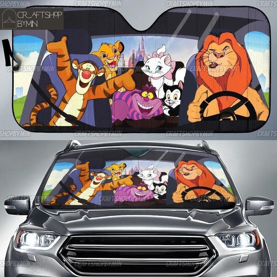 Disney Lion Tiger Cat Driving Car Sun Shade, Simba Tigger Cheshire Marie Cat Sunshade, Disney Characters Car Accessory, Disney SunShade