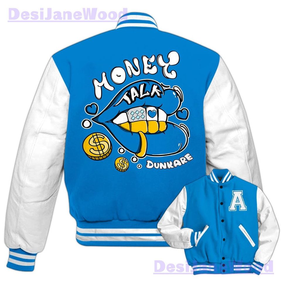 Dunkare Industrial Blue 4s Varsity Jacket, Custom Lips Money Talk Varsity Jacket Outfit 4 Military Blue