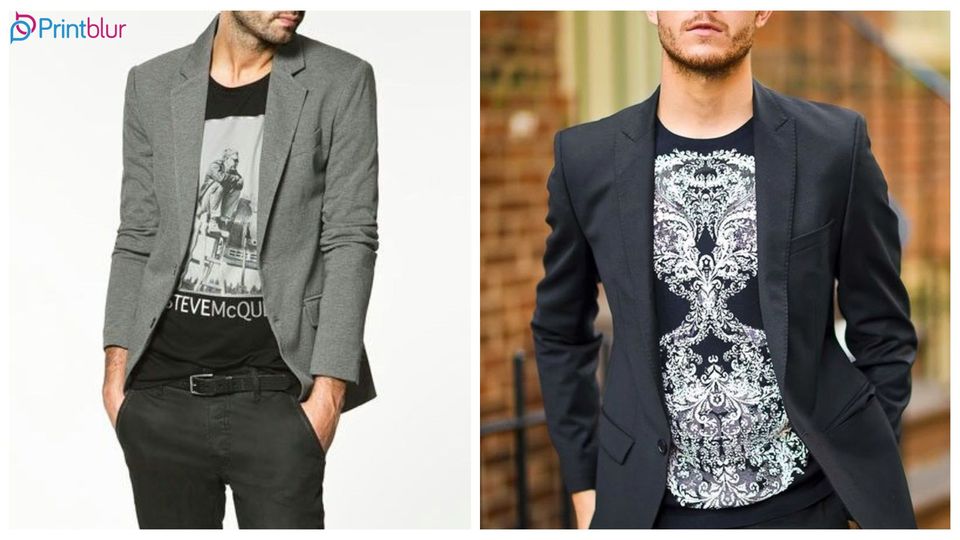 men wearing blazer with graphic tee for wedding
