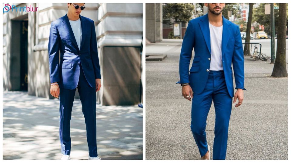 Men wearing a white t-shirt with a navy blazer for wedding