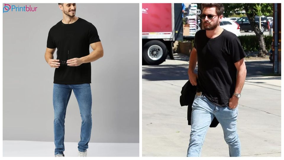Men wearing black t-shirt and blue jeans