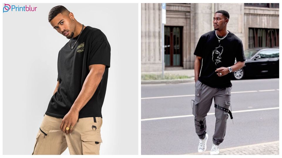 Men wearing black t-shirt and cargo pants