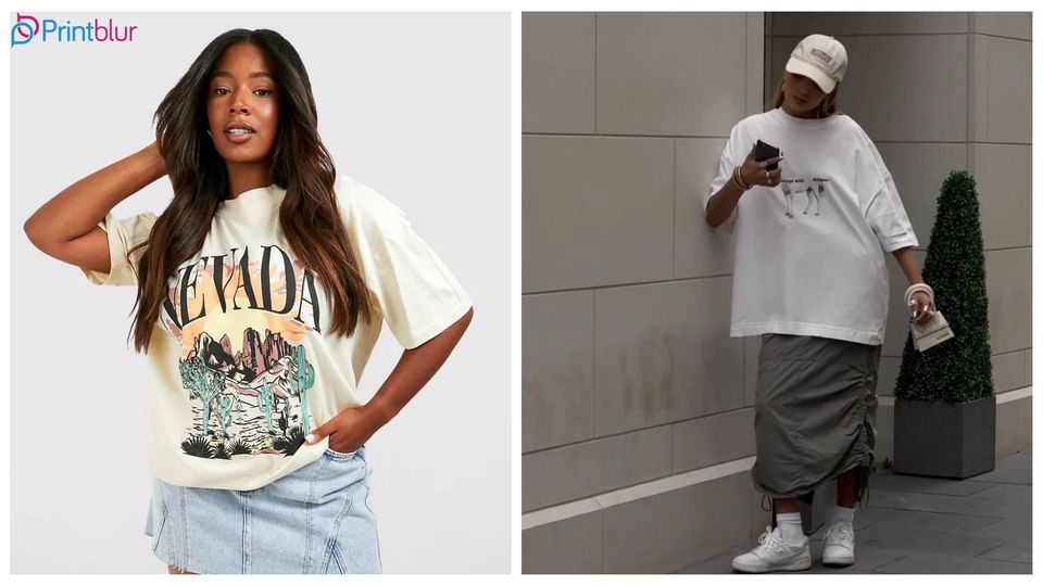 Girls wearing oversized t-shirt and skirt outfit