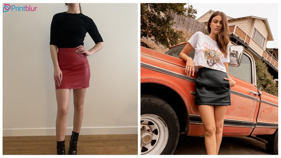 Girls wearing t-shirt and leather skirt outfit idea